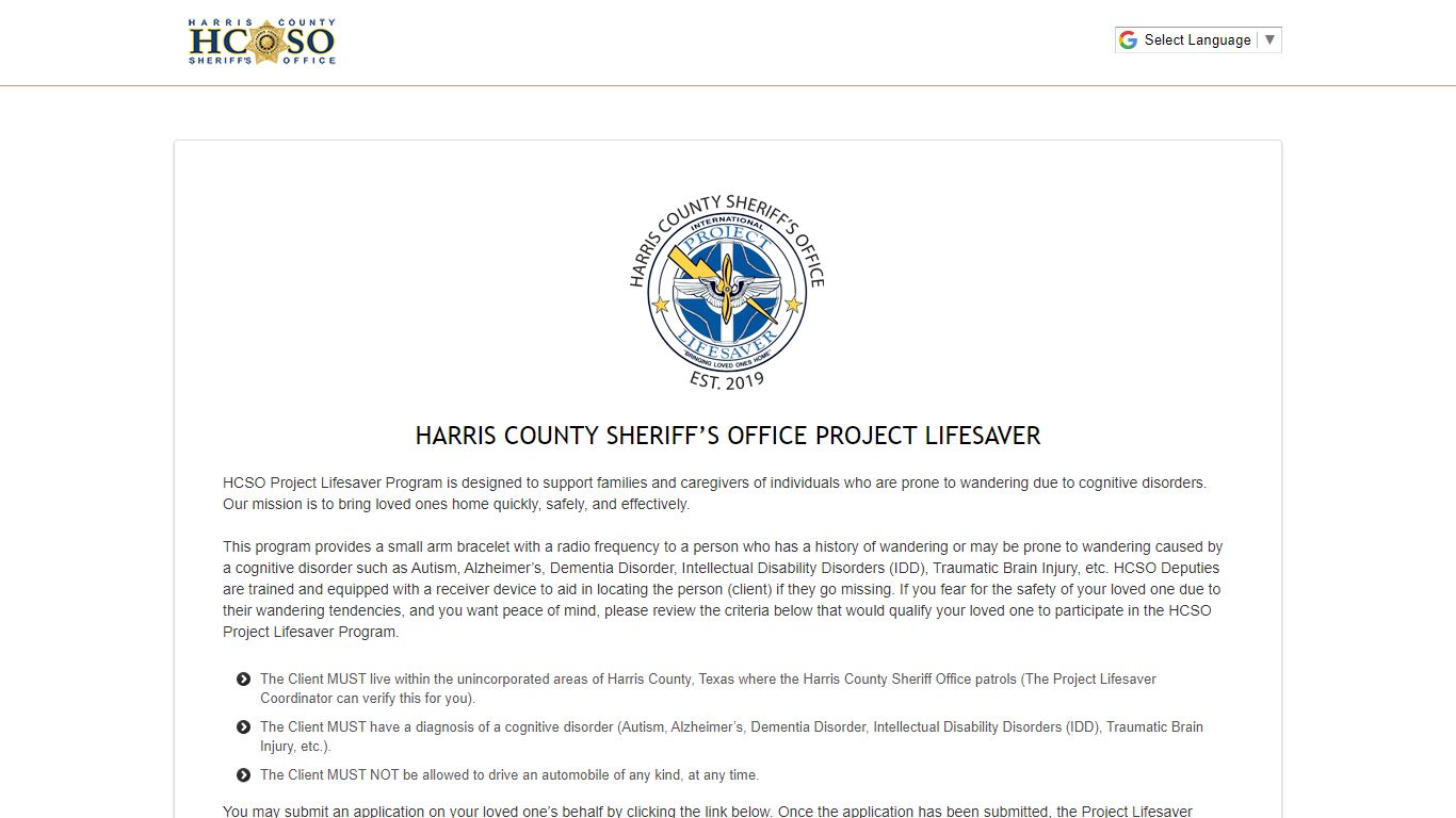 HARRIS COUNTY SHERIFF’S OFFICE PROJECT LIFESAVER